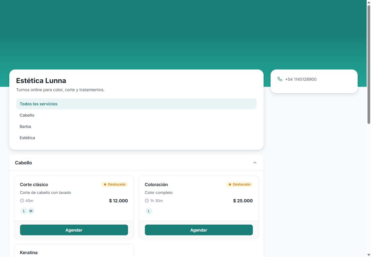 Página de reserva pública de Emprendiendo Fácil con servicios para elegir horario