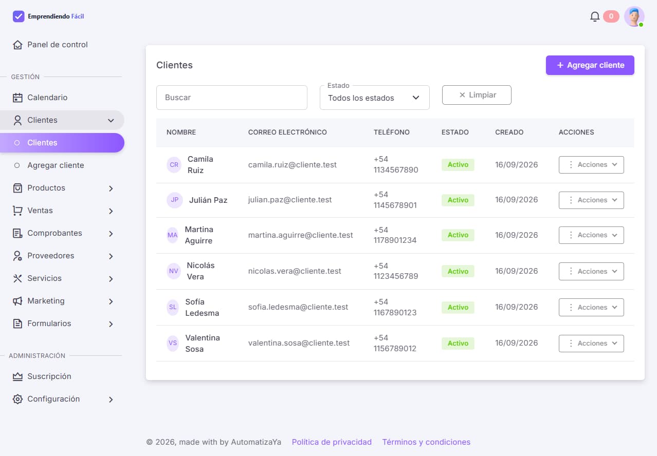 Listado de clientes en Emprendiendo Fácil con historial y datos de contacto