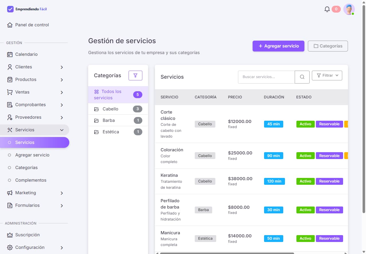 Catálogo de servicios en Emprendiendo Fácil con duración y precios
